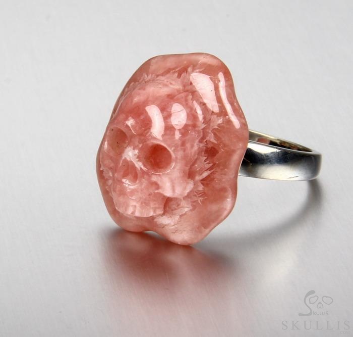 Gemstone Size 8, Rhodochrosite & 925 Sterling Silver Carved Crystal Skull Ring with 925 Sterling Silver Gemstone Size 8, Rhodochrosite & 925 Sterling Silver Carved Crystal Skull Ring with 925 Sterling Silver