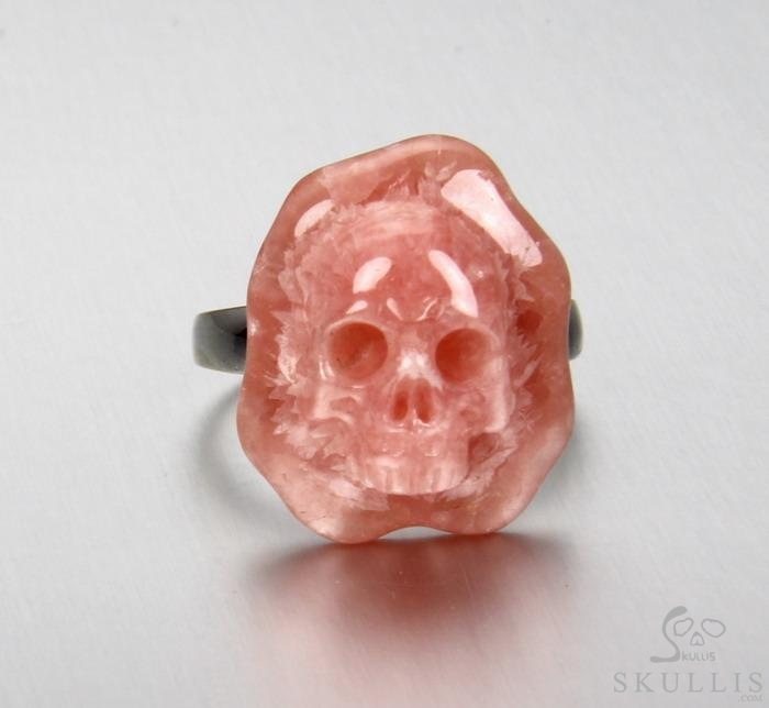 Gemstone Size 8, Rhodochrosite & 925 Sterling Silver Carved Crystal Skull Ring with 925 Sterling Silver Gemstone Size 8, Rhodochrosite & 925 Sterling Silver Carved Crystal Skull Ring with 925 Sterling Silver