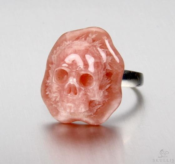 Gemstone Size 8, Rhodochrosite & 925 Sterling Silver Carved Crystal Skull Ring with 925 Sterling Silver Gemstone Size 8, Rhodochrosite & 925 Sterling Silver Carved Crystal Skull Ring with 925 Sterling Silver