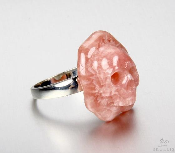 Gemstone Size 8, Rhodochrosite & 925 Sterling Silver Carved Crystal Skull Ring with 925 Sterling Silver Gemstone Size 8, Rhodochrosite & 925 Sterling Silver Carved Crystal Skull Ring with 925 Sterling Silver