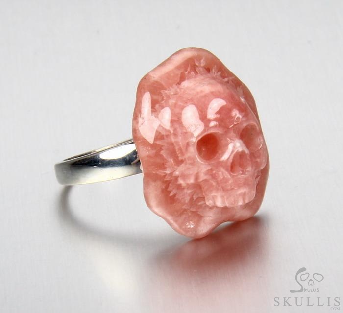 Gemstone Size 8, Rhodochrosite & 925 Sterling Silver Carved Crystal Skull Ring with 925 Sterling Silver Gemstone Size 8, Rhodochrosite & 925 Sterling Silver Carved Crystal Skull Ring with 925 Sterling Silver
