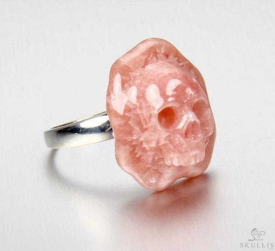 Gemstone Size 8, Rhodochrosite & 925 Sterling Silver Carved Crystal Skull Ring with 925 Sterling Silver Gemstone Size 8, Rhodochrosite & 925 Sterling Silver Carved Crystal Skull Ring with 925 Sterling Silver