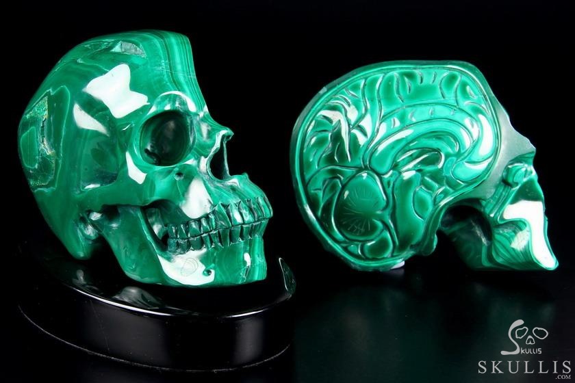 Awesome Gemstone Huge 4.9" Malachite Carved Crystal Skull Sculpture with Black Obsidian Stand Awesome Gemstone Huge 4.9" Malachite Carved Crystal Skull Sculpture with Black Obsidian Stand