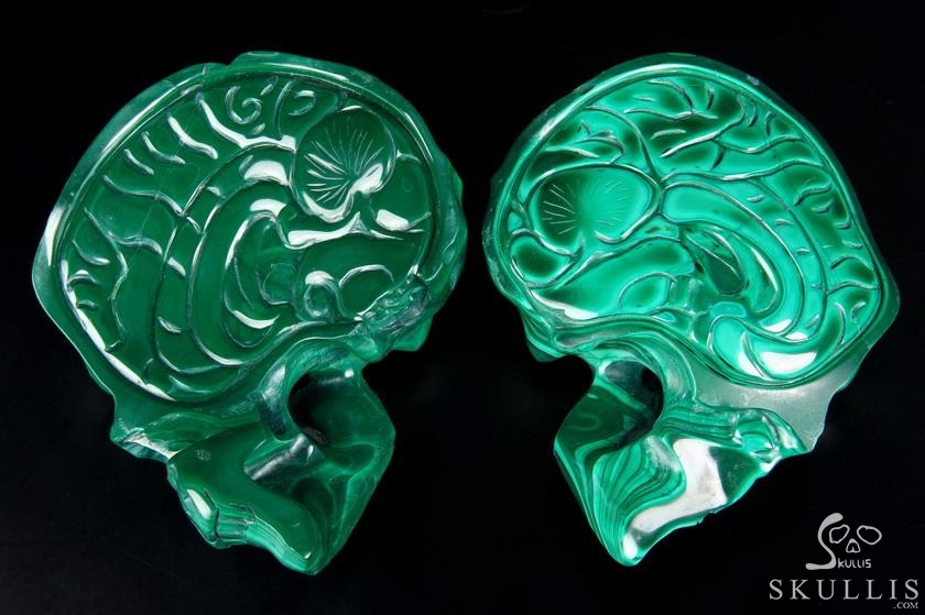 Awesome Gemstone Huge 4.9" Malachite Carved Crystal Skull Sculpture with Black Obsidian Stand Awesome Gemstone Huge 4.9" Malachite Carved Crystal Skull Sculpture with Black Obsidian Stand
