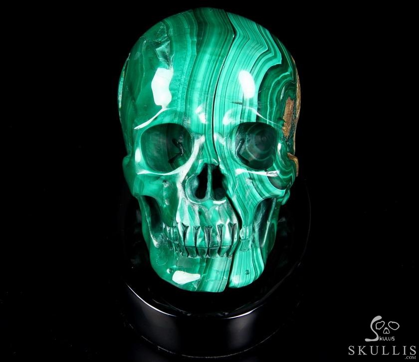 Awesome Gemstone Huge 4.9" Malachite Carved Crystal Skull Sculpture with Black Obsidian Stand Awesome Gemstone Huge 4.9" Malachite Carved Crystal Skull Sculpture with Black Obsidian Stand