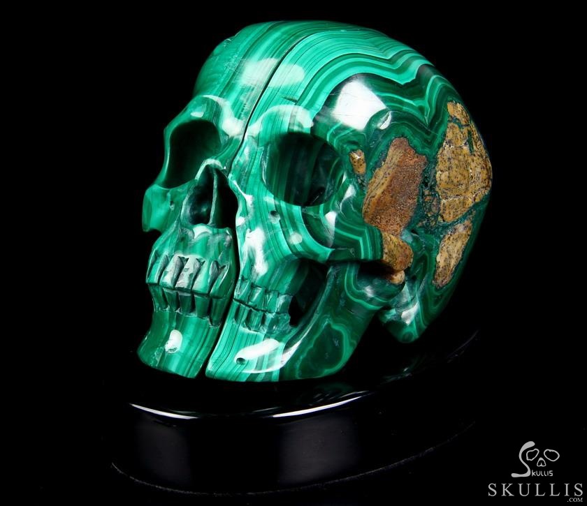 Awesome Gemstone Huge 4.9" Malachite Carved Crystal Skull Sculpture with Black Obsidian Stand Awesome Gemstone Huge 4.9" Malachite Carved Crystal Skull Sculpture with Black Obsidian Stand