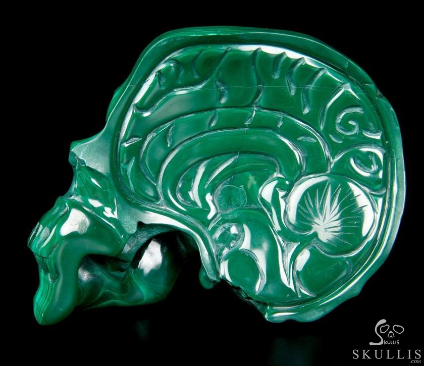 Awesome Gemstone Huge 4.9" Malachite Carved Crystal Skull Sculpture with Black Obsidian Stand Awesome Gemstone Huge 4.9" Malachite Carved Crystal Skull Sculpture with Black Obsidian Stand