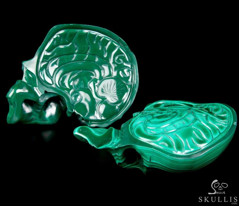 Awesome Gemstone Huge 4.9" Malachite Carved Crystal Skull Sculpture with Black Obsidian Stand Awesome Gemstone Huge 4.9" Malachite Carved Crystal Skull Sculpture with Black Obsidian Stand