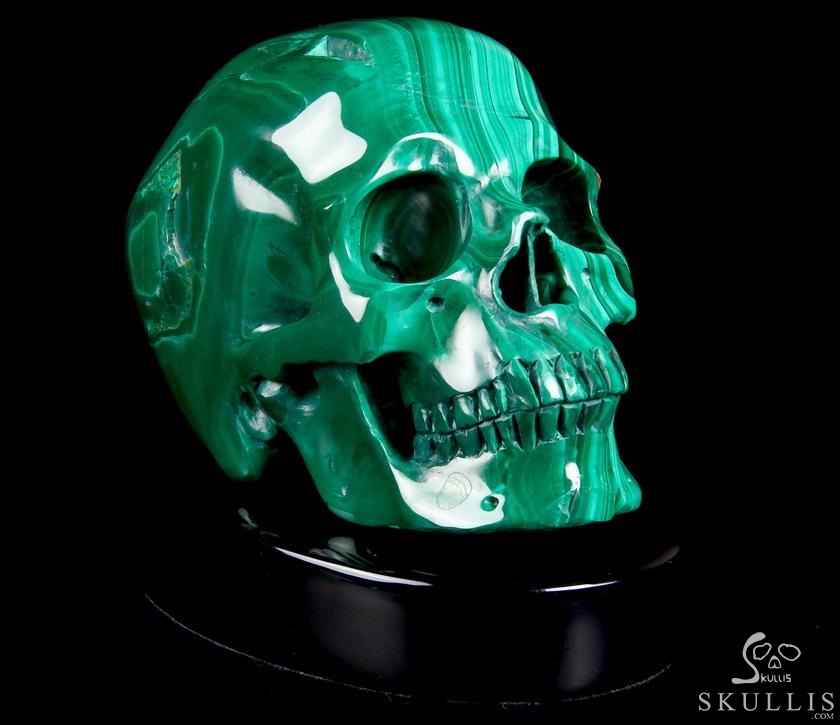 Awesome Gemstone Huge 4.9" Malachite Carved Crystal Skull Sculpture with Black Obsidian Stand Awesome Gemstone Huge 4.9" Malachite Carved Crystal Skull Sculpture with Black Obsidian Stand