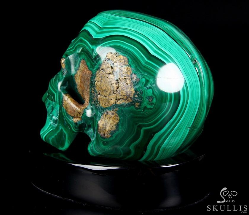 Awesome Gemstone Huge 4.9" Malachite Carved Crystal Skull Sculpture with Black Obsidian Stand Awesome Gemstone Huge 4.9" Malachite Carved Crystal Skull Sculpture with Black Obsidian Stand
