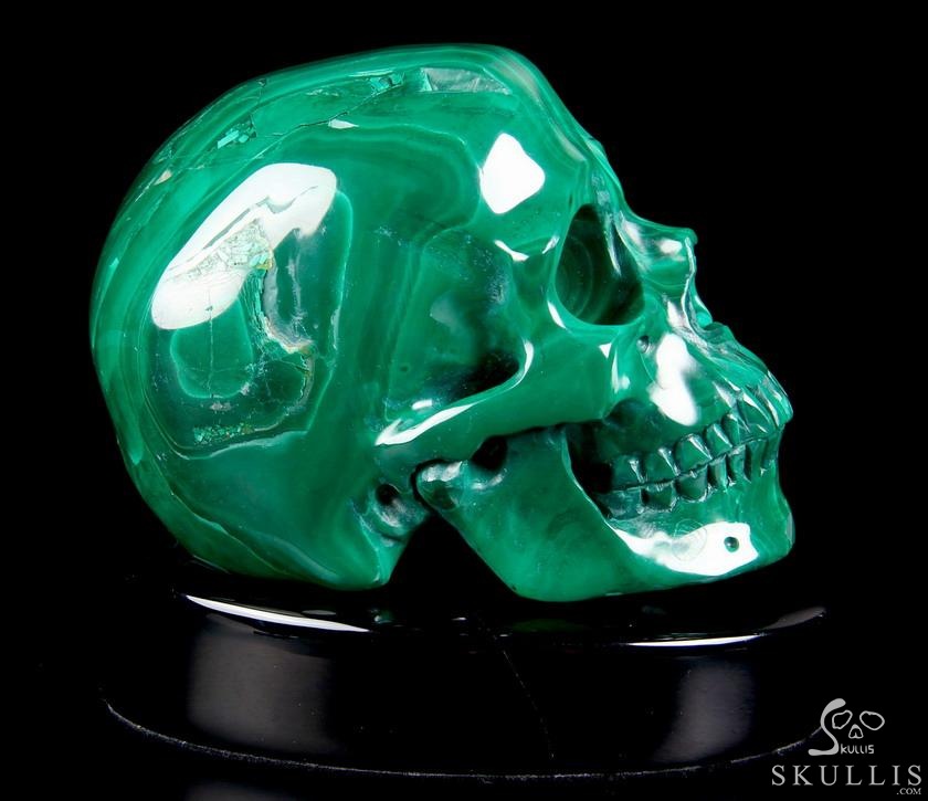 Awesome Gemstone Huge 4.9" Malachite Carved Crystal Skull Sculpture with Black Obsidian Stand Awesome Gemstone Huge 4.9" Malachite Carved Crystal Skull Sculpture with Black Obsidian Stand