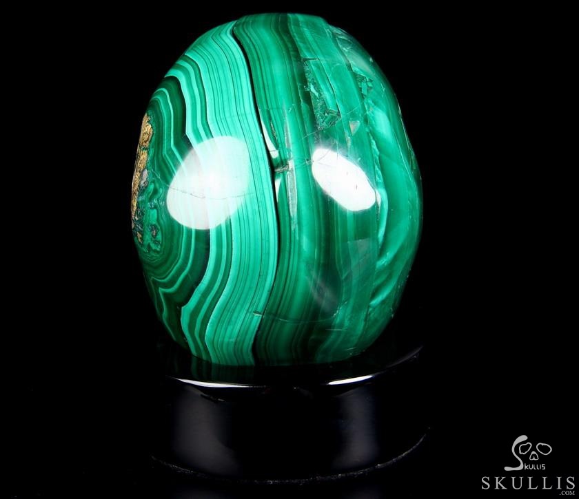 Awesome Gemstone Huge 4.9" Malachite Carved Crystal Skull Sculpture with Black Obsidian Stand Awesome Gemstone Huge 4.9" Malachite Carved Crystal Skull Sculpture with Black Obsidian Stand