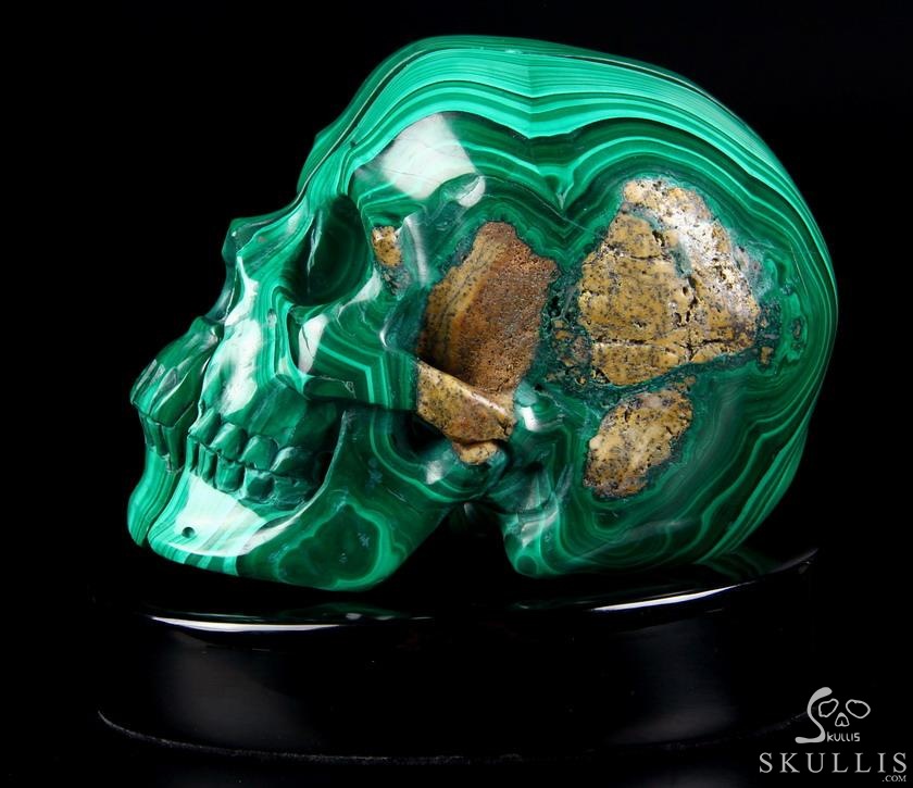 Awesome Gemstone Huge 4.9" Malachite Carved Crystal Skull Sculpture with Black Obsidian Stand Awesome Gemstone Huge 4.9" Malachite Carved Crystal Skull Sculpture with Black Obsidian Stand