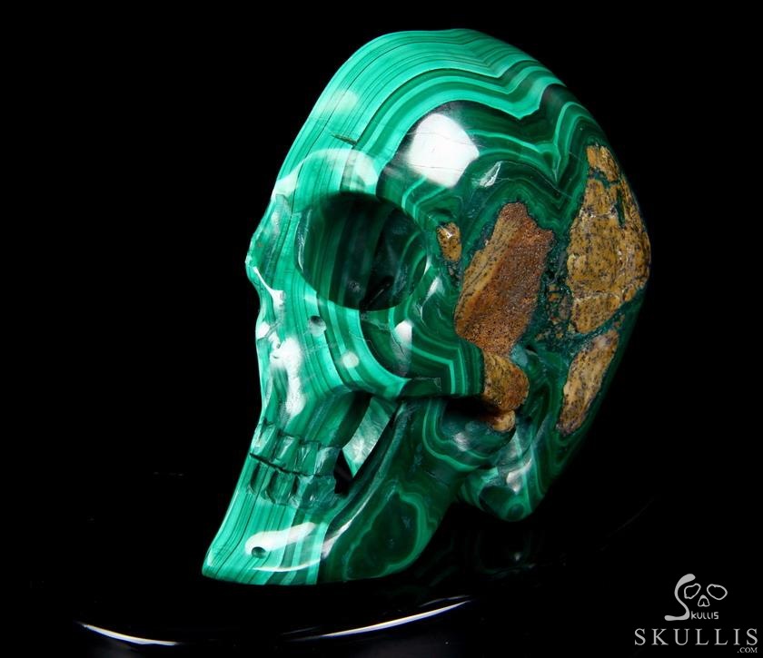 Awesome Gemstone Huge 4.9" Malachite Carved Crystal Skull Sculpture with Black Obsidian Stand Awesome Gemstone Huge 4.9" Malachite Carved Crystal Skull Sculpture with Black Obsidian Stand