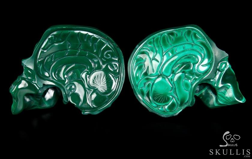 Awesome Gemstone Huge 4.9" Malachite Carved Crystal Skull Sculpture with Black Obsidian Stand Awesome Gemstone Huge 4.9" Malachite Carved Crystal Skull Sculpture with Black Obsidian Stand