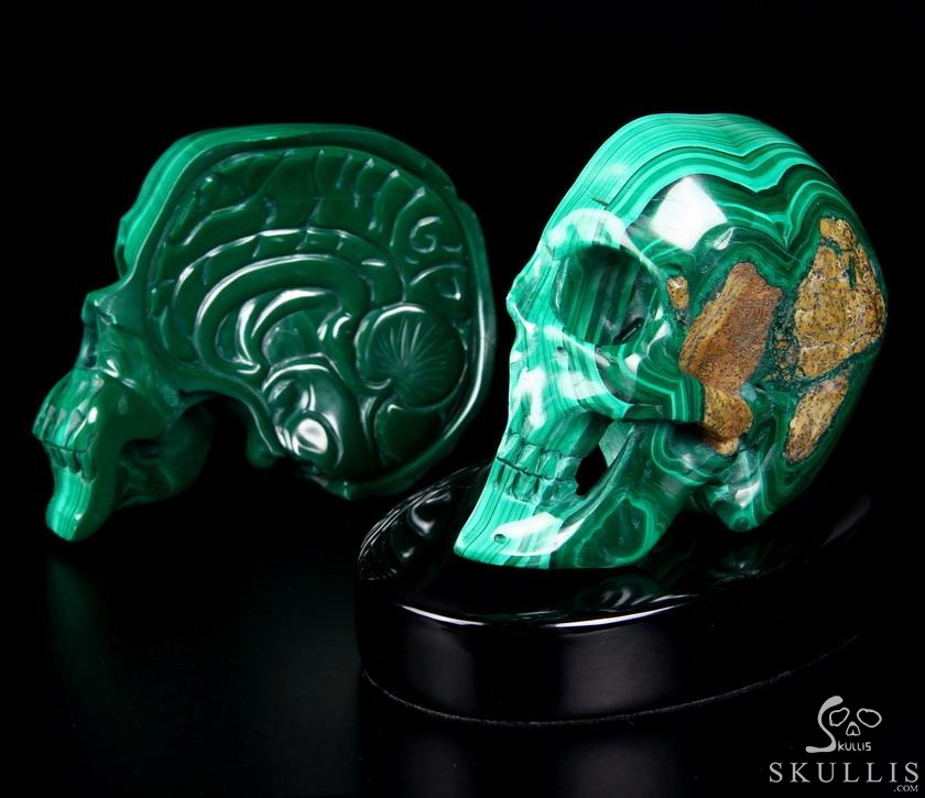 Awesome Gemstone Huge 4.9" Malachite Carved Crystal Skull Sculpture with Black Obsidian Stand Awesome Gemstone Huge 4.9" Malachite Carved Crystal Skull Sculpture with Black Obsidian Stand