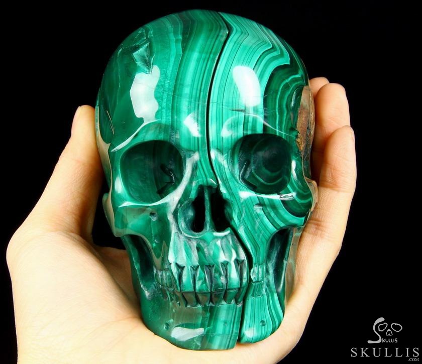 Awesome Gemstone Huge 4.9" Malachite Carved Crystal Skull Sculpture with Black Obsidian Stand Awesome Gemstone Huge 4.9" Malachite Carved Crystal Skull Sculpture with Black Obsidian Stand