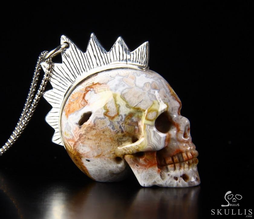 Gemstone Crazy Lace Agate Carved Crystal Skull Pendant with Sterling Silver Gemstone Crazy Lace Agate Carved Crystal Skull Pendant with Sterling Silver
