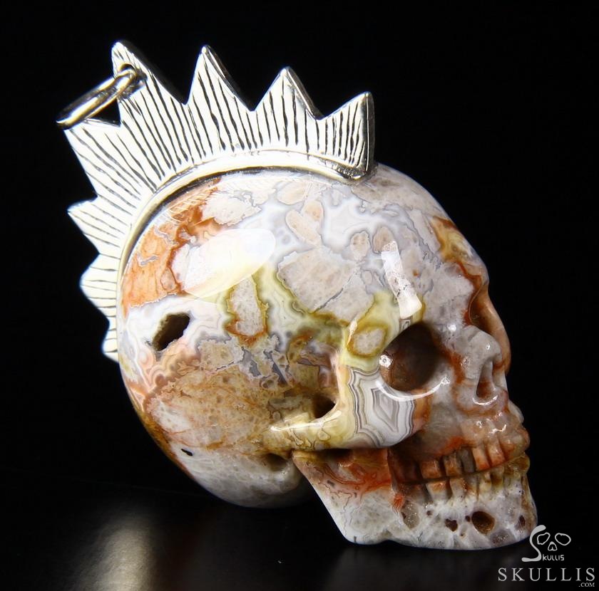 Gemstone Crazy Lace Agate Carved Crystal Skull Pendant with Sterling Silver Gemstone Crazy Lace Agate Carved Crystal Skull Pendant with Sterling Silver