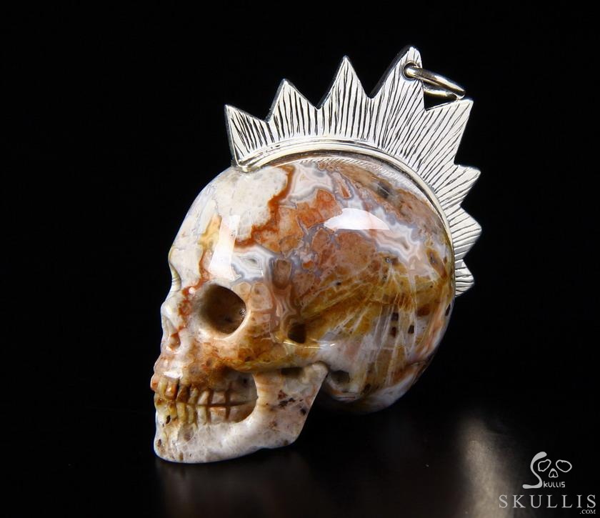 Gemstone Crazy Lace Agate Carved Crystal Skull Pendant with Sterling Silver Gemstone Crazy Lace Agate Carved Crystal Skull Pendant with Sterling Silver