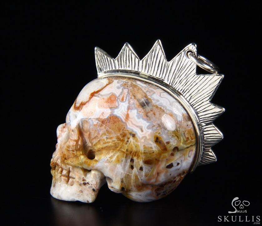 Gemstone Crazy Lace Agate Carved Crystal Skull Pendant with Sterling Silver Gemstone Crazy Lace Agate Carved Crystal Skull Pendant with Sterling Silver