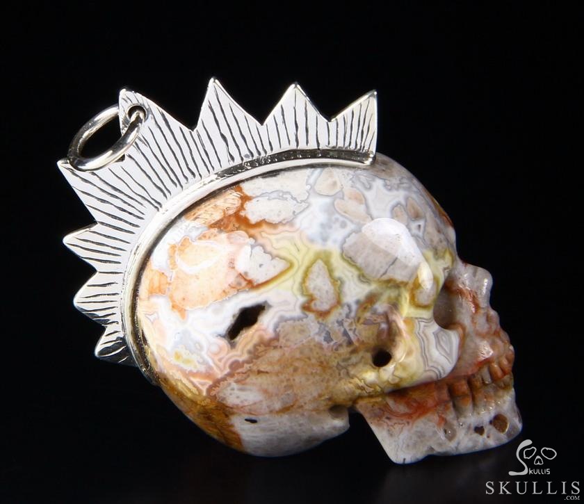 Gemstone Crazy Lace Agate Carved Crystal Skull Pendant with Sterling Silver Gemstone Crazy Lace Agate Carved Crystal Skull Pendant with Sterling Silver