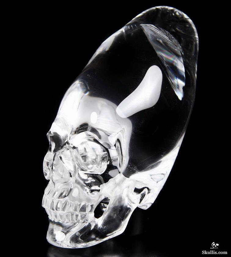Very Clear Huge 4.3" Quartz Rock Crystal Carved Crystal Incan Skull with Black Obsidian Stand Very Clear Huge 4.3" Quartz Rock Crystal Carved Crystal Incan Skull with Black Obsidian Stand