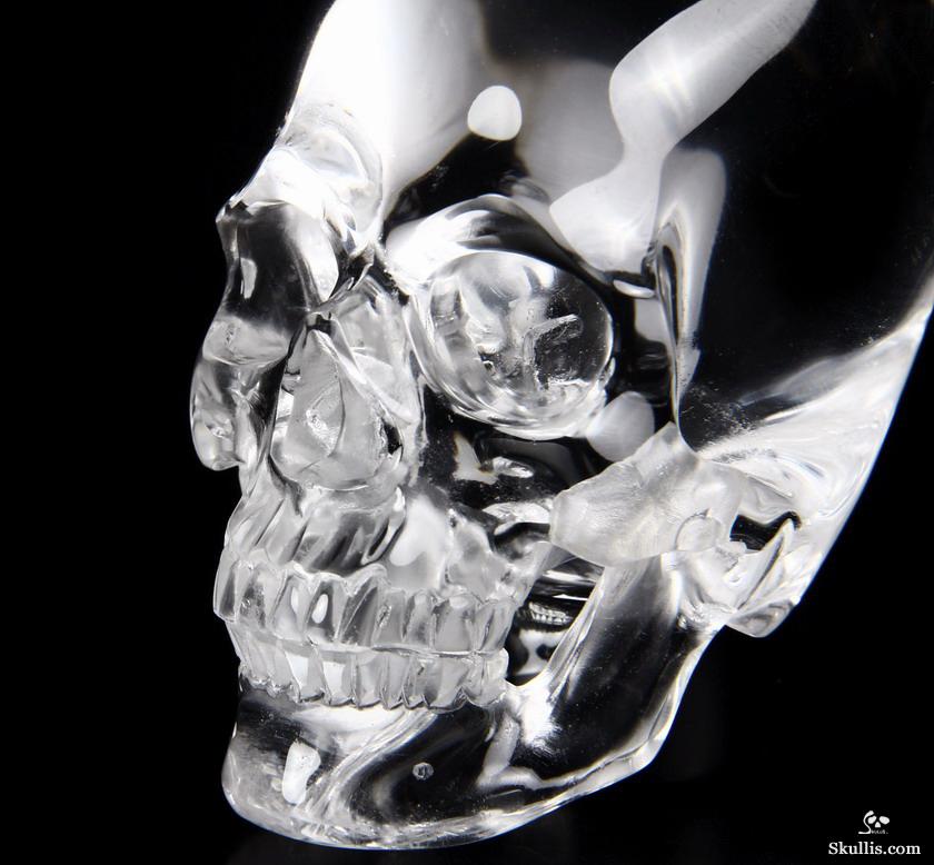 Very Clear Huge 4.3" Quartz Rock Crystal Carved Crystal Incan Skull with Black Obsidian Stand Very Clear Huge 4.3" Quartz Rock Crystal Carved Crystal Incan Skull with Black Obsidian Stand