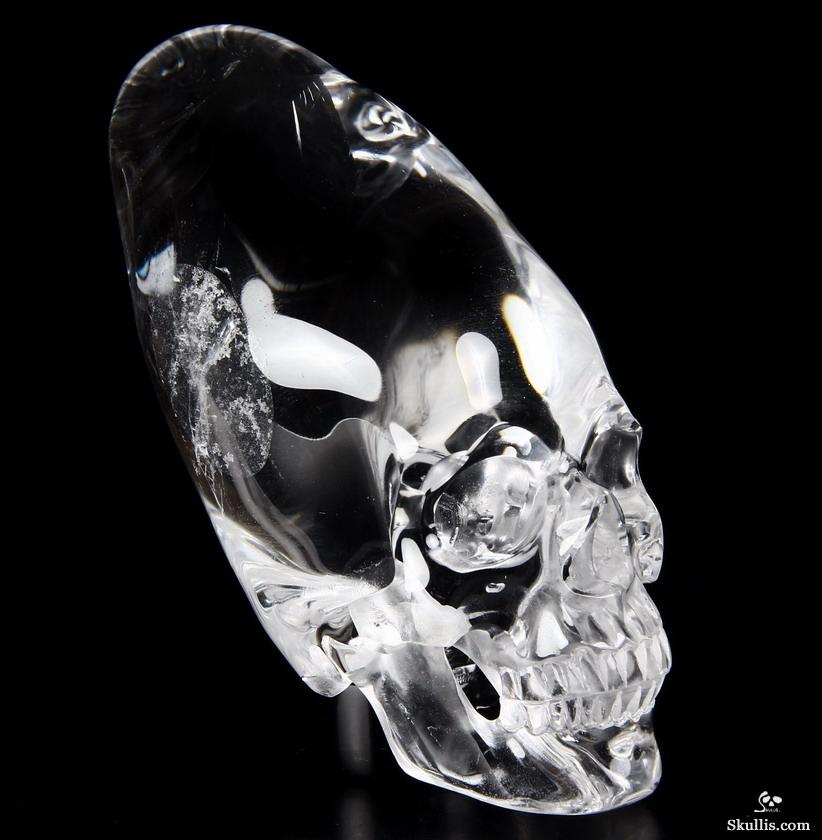 Very Clear Huge 4.3" Quartz Rock Crystal Carved Crystal Incan Skull with Black Obsidian Stand Very Clear Huge 4.3" Quartz Rock Crystal Carved Crystal Incan Skull with Black Obsidian Stand