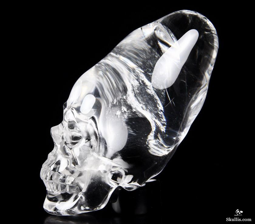 Very Clear Huge 4.3" Quartz Rock Crystal Carved Crystal Incan Skull with Black Obsidian Stand Very Clear Huge 4.3" Quartz Rock Crystal Carved Crystal Incan Skull with Black Obsidian Stand