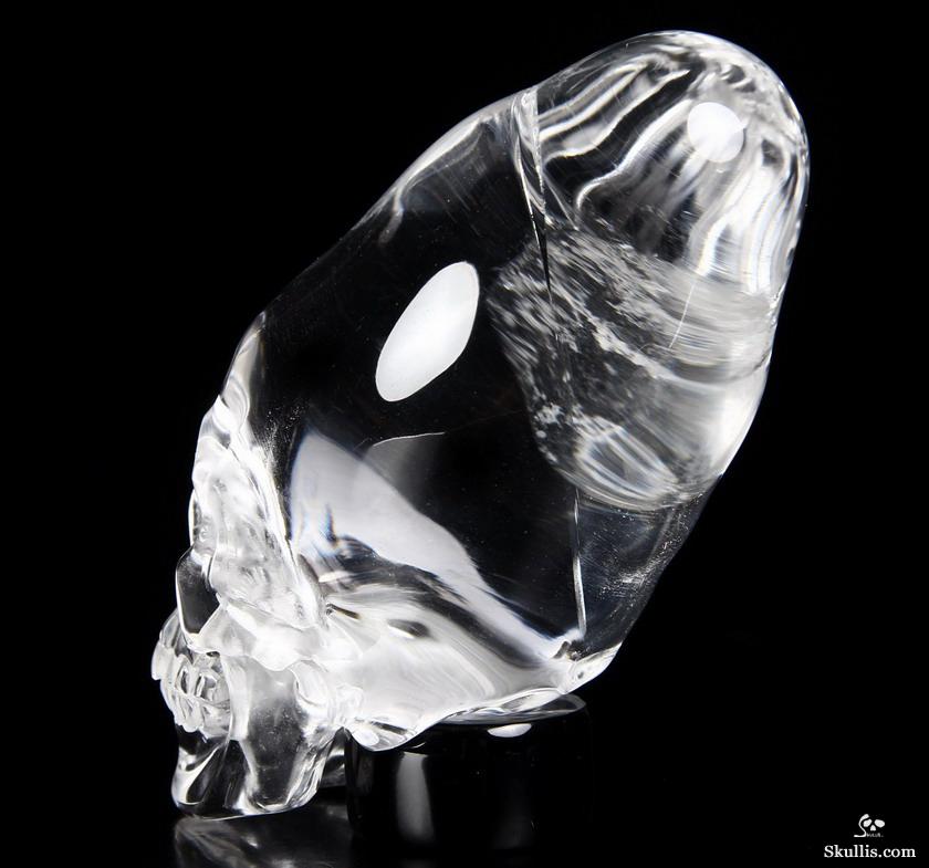 Very Clear Huge 4.3" Quartz Rock Crystal Carved Crystal Incan Skull with Black Obsidian Stand Very Clear Huge 4.3" Quartz Rock Crystal Carved Crystal Incan Skull with Black Obsidian Stand