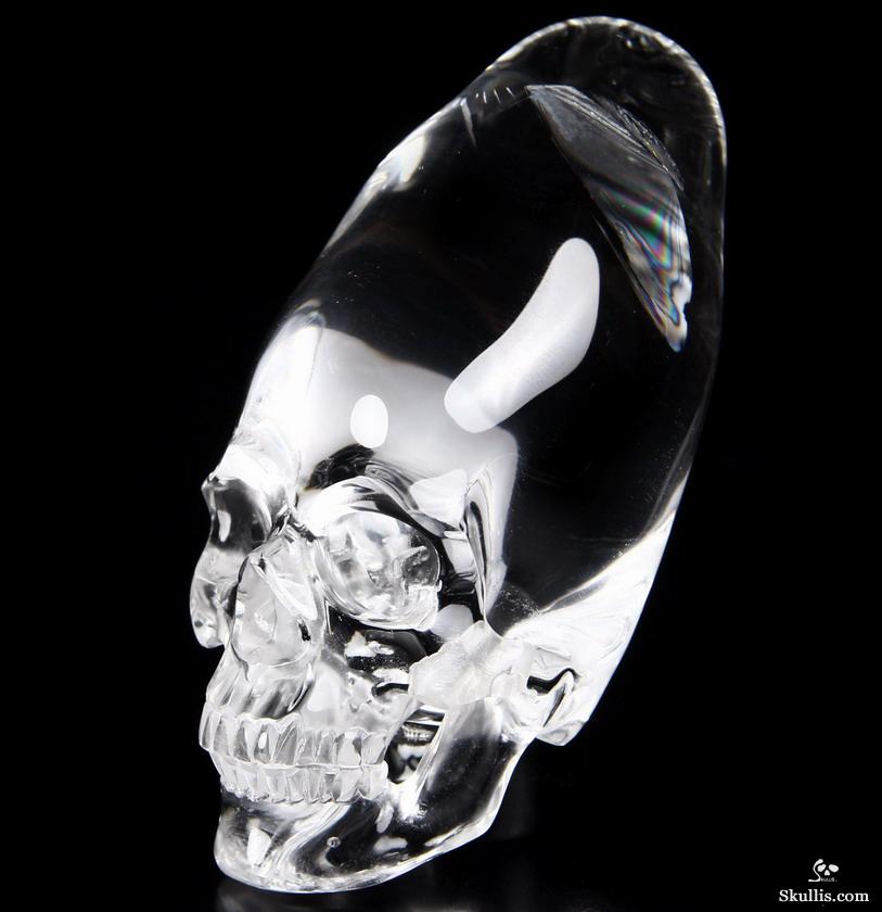 Very Clear Huge 4.3" Quartz Rock Crystal Carved Crystal Incan Skull with Black Obsidian Stand Very Clear Huge 4.3" Quartz Rock Crystal Carved Crystal Incan Skull with Black Obsidian Stand