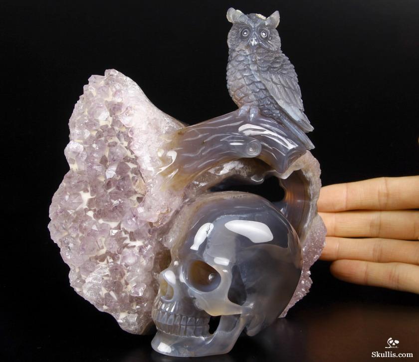 Nice Huge 5.8" Amethyst Druse & Agate Carved Crystal Skull & Owl Sculpture Nice Huge 5.8" Amethyst Druse & Agate Carved Crystal Skull & Owl Sculpture