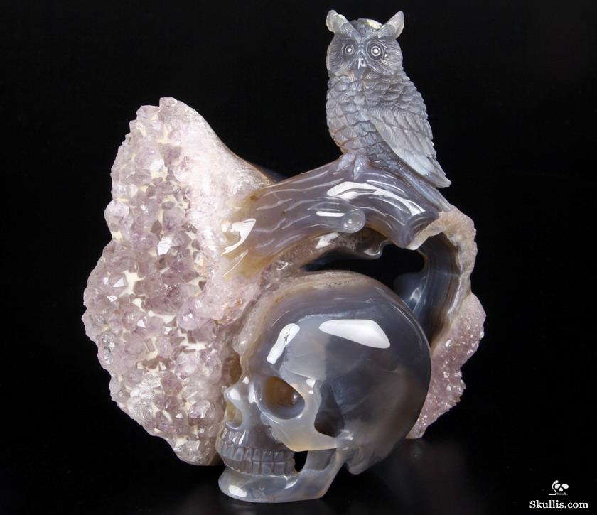 Nice Huge 5.8" Amethyst Druse & Agate Carved Crystal Skull & Owl Sculpture Nice Huge 5.8" Amethyst Druse & Agate Carved Crystal Skull & Owl Sculpture