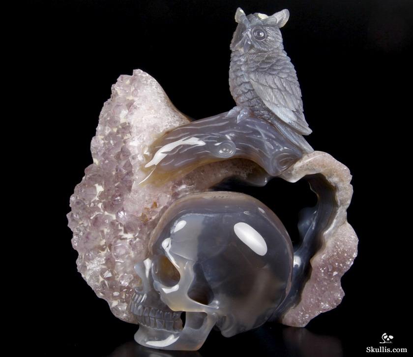 Nice Huge 5.8" Amethyst Druse & Agate Carved Crystal Skull & Owl Sculpture Nice Huge 5.8" Amethyst Druse & Agate Carved Crystal Skull & Owl Sculpture