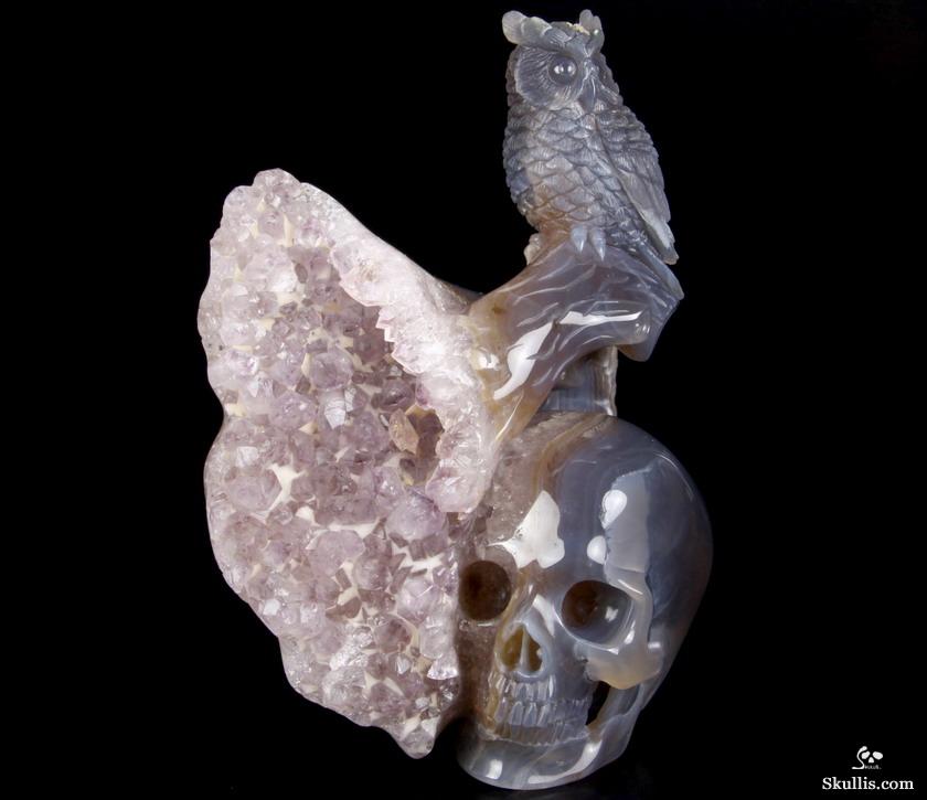 Nice Huge 5.8" Amethyst Druse & Agate Carved Crystal Skull & Owl Sculpture Nice Huge 5.8" Amethyst Druse & Agate Carved Crystal Skull & Owl Sculpture