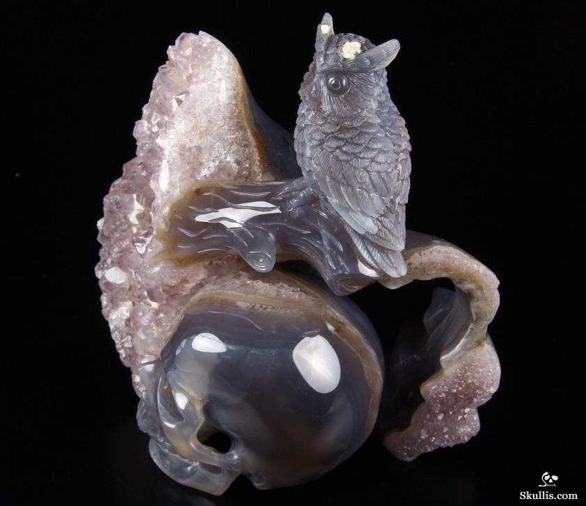 Nice Huge 5.8" Amethyst Druse & Agate Carved Crystal Skull & Owl Sculpture Nice Huge 5.8" Amethyst Druse & Agate Carved Crystal Skull & Owl Sculpture