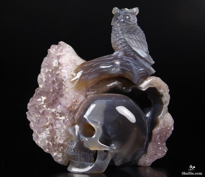 Nice Huge 5.8" Amethyst Druse & Agate Carved Crystal Skull & Owl Sculpture Nice Huge 5.8" Amethyst Druse & Agate Carved Crystal Skull & Owl Sculpture