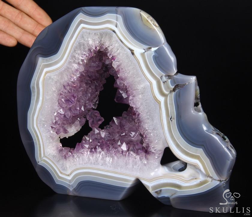 (3.5LB)Amazing Amethyst Geode Lifesized Titan 9.0" Amethyst & Agate Geode Carved Crystal Skull, Realistic (3.5LB)Amazing Amethyst Geode Lifesized Titan 9.0" Amethyst & Agate Geode Carved Crystal Skull, Realistic