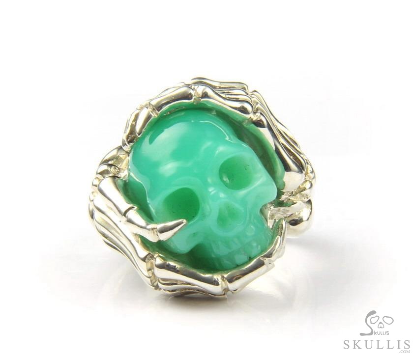 Embrace of Love - US size 9.5 Chrysoprase Hand Carved Skull with Skeletal Hands in Silver Ring, Crystal Healing Skull Jewelry, for Women & Men Embrace of Love - US size 9.5 Chrysoprase Hand Carved Skull with Skeletal Hands in Silver Ring, Crystal Healing Skull Jewelry, for Women & Men