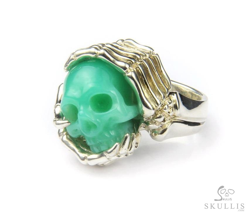 Embrace of Love - US size 9.5 Chrysoprase Hand Carved Skull with Skeletal Hands in Silver Ring, Crystal Healing Skull Jewelry, for Women & Men Embrace of Love - US size 9.5 Chrysoprase Hand Carved Skull with Skeletal Hands in Silver Ring, Crystal Healing Skull Jewelry, for Women & Men