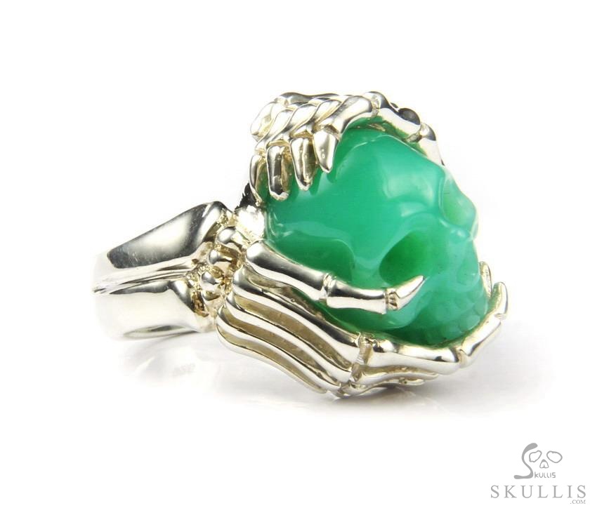 Embrace of Love - US size 9.5 Chrysoprase Hand Carved Skull with Skeletal Hands in Silver Ring, Crystal Healing Skull Jewelry, for Women & Men Embrace of Love - US size 9.5 Chrysoprase Hand Carved Skull with Skeletal Hands in Silver Ring, Crystal Healing Skull Jewelry, for Women & Men