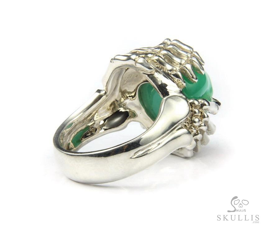 Embrace of Love - US size 9.5 Chrysoprase Hand Carved Skull with Skeletal Hands in Silver Ring, Crystal Healing Skull Jewelry, for Women & Men Embrace of Love - US size 9.5 Chrysoprase Hand Carved Skull with Skeletal Hands in Silver Ring, Crystal Healing Skull Jewelry, for Women & Men