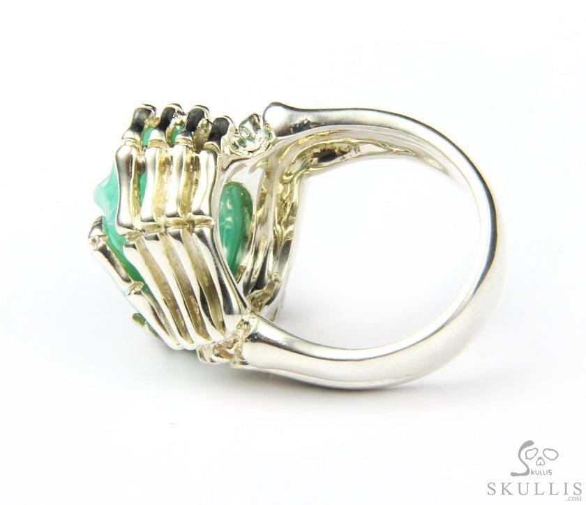 Embrace of Love - US size 9.5 Chrysoprase Hand Carved Skull with Skeletal Hands in Silver Ring, Crystal Healing Skull Jewelry, for Women & Men Embrace of Love - US size 9.5 Chrysoprase Hand Carved Skull with Skeletal Hands in Silver Ring, Crystal Healing Skull Jewelry, for Women & Men