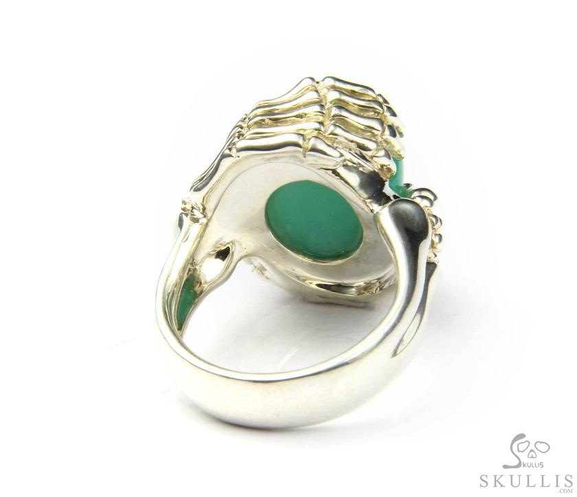 Embrace of Love - US size 9.5 Chrysoprase Hand Carved Skull with Skeletal Hands in Silver Ring, Crystal Healing Skull Jewelry, for Women & Men Embrace of Love - US size 9.5 Chrysoprase Hand Carved Skull with Skeletal Hands in Silver Ring, Crystal Healing Skull Jewelry, for Women & Men
