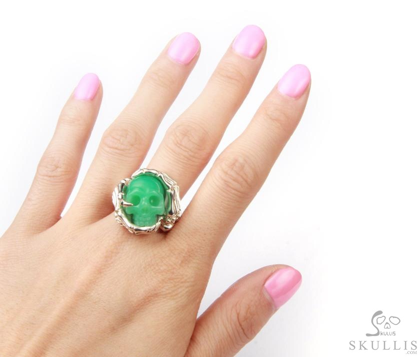 Embrace of Love - US size 9.5 Chrysoprase Hand Carved Skull with Skeletal Hands in Silver Ring, Crystal Healing Skull Jewelry, for Women & Men Embrace of Love - US size 9.5 Chrysoprase Hand Carved Skull with Skeletal Hands in Silver Ring, Crystal Healing Skull Jewelry, for Women & Men