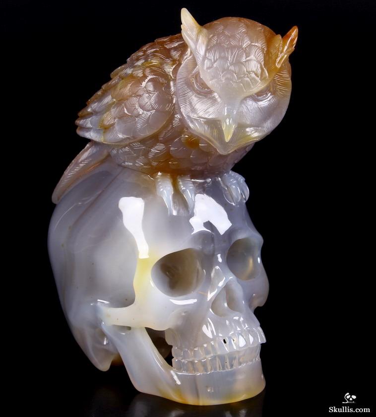 Huge 6.4" Carnelian Carved Crystal Skull with Owl Sculpture Huge 6.4" Carnelian Carved Crystal Skull with Owl Sculpture