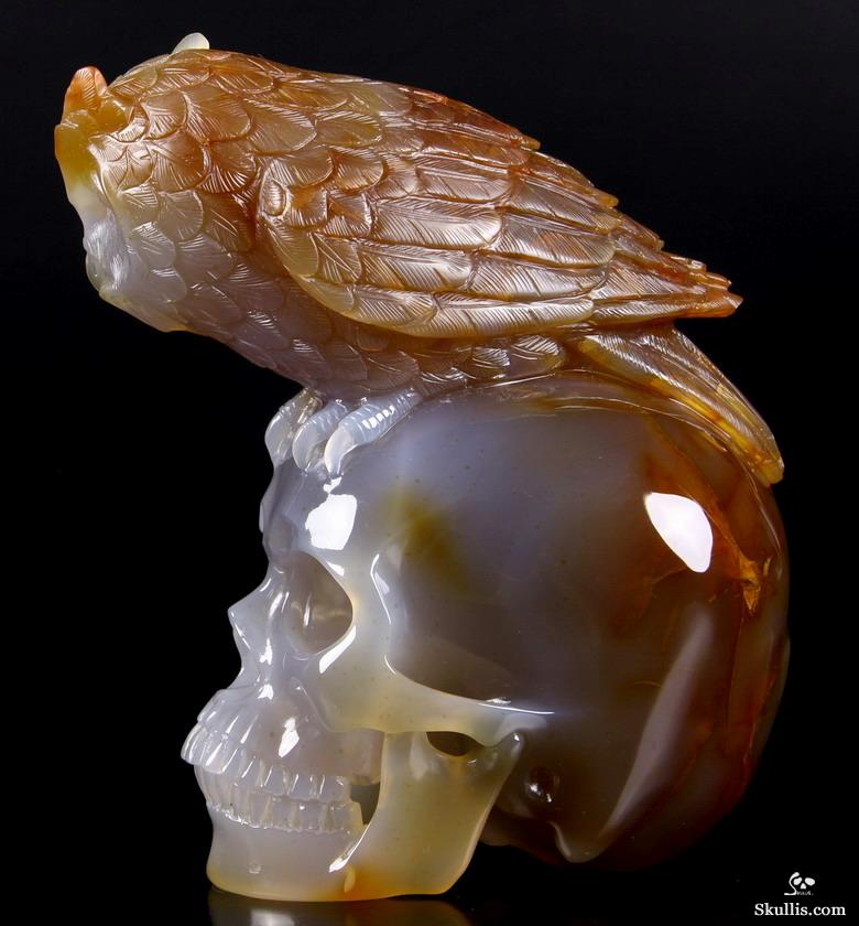 Huge 6.4" Carnelian Carved Crystal Skull with Owl Sculpture Huge 6.4" Carnelian Carved Crystal Skull with Owl Sculpture