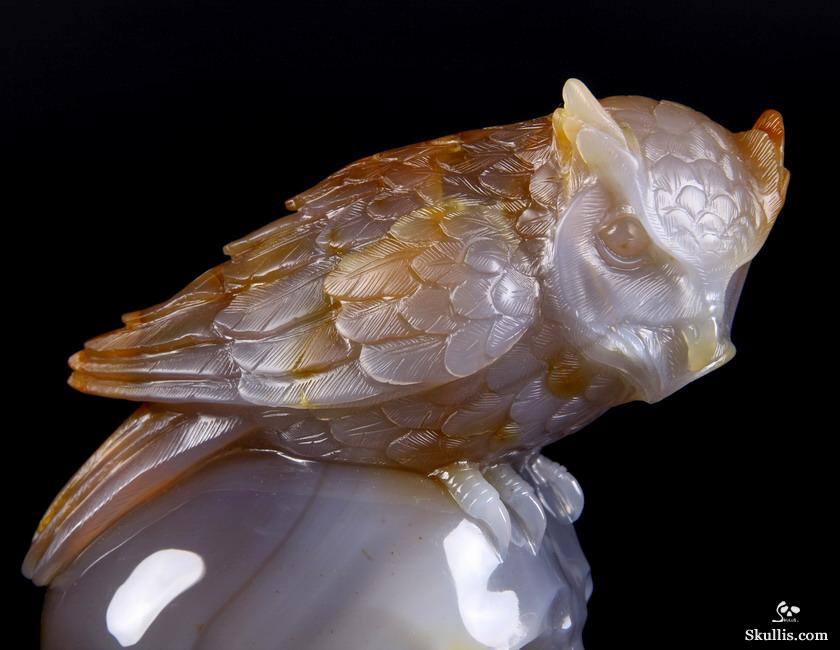 Huge 6.4" Carnelian Carved Crystal Skull with Owl Sculpture Huge 6.4" Carnelian Carved Crystal Skull with Owl Sculpture