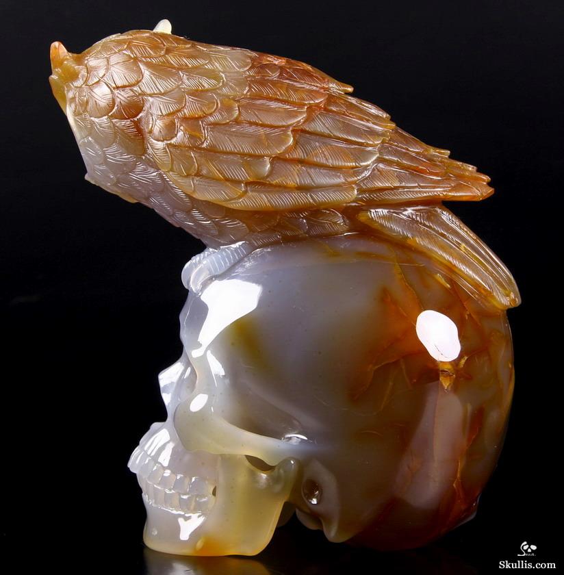 Huge 6.4" Carnelian Carved Crystal Skull with Owl Sculpture Huge 6.4" Carnelian Carved Crystal Skull with Owl Sculpture